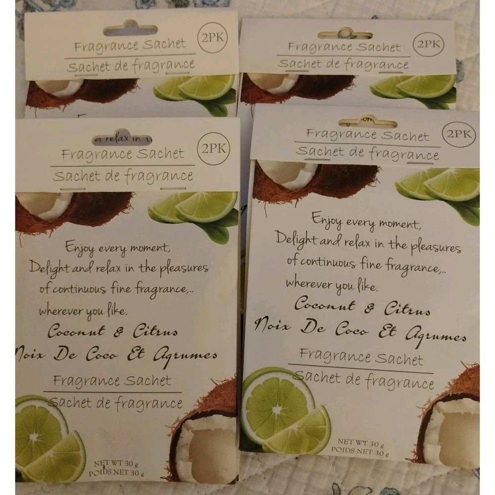 Lot OF 4 Two Pk Coconut And Citrus Scented Sachet Drawer Bags Air Freshener